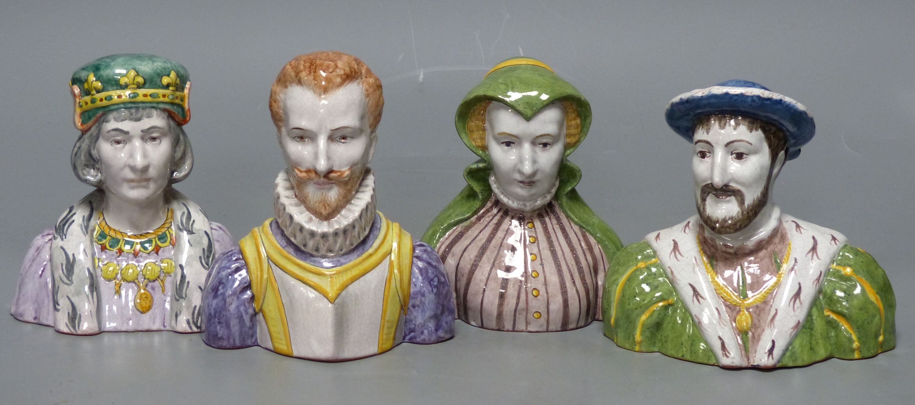A French tin-glazed faience small bust of Catherine de Medici, another of Francois I and two others, tallest 15cm (4)